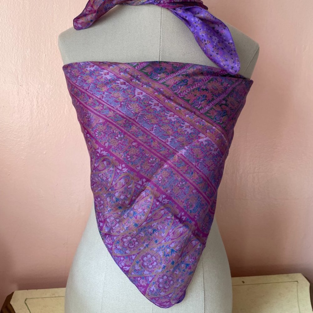 Handmade floral print purple/pink vintage silk scarf